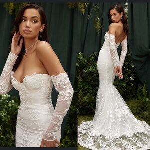 HOUSE OF CB size ‎ M D-DD  'Isabelle' White Lace Long Sleeve Bridal Gown NWOT